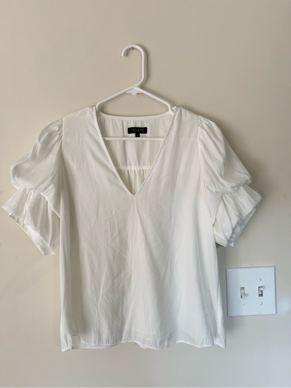 1. State White V-Neck Ruffle Sleeve Blouse